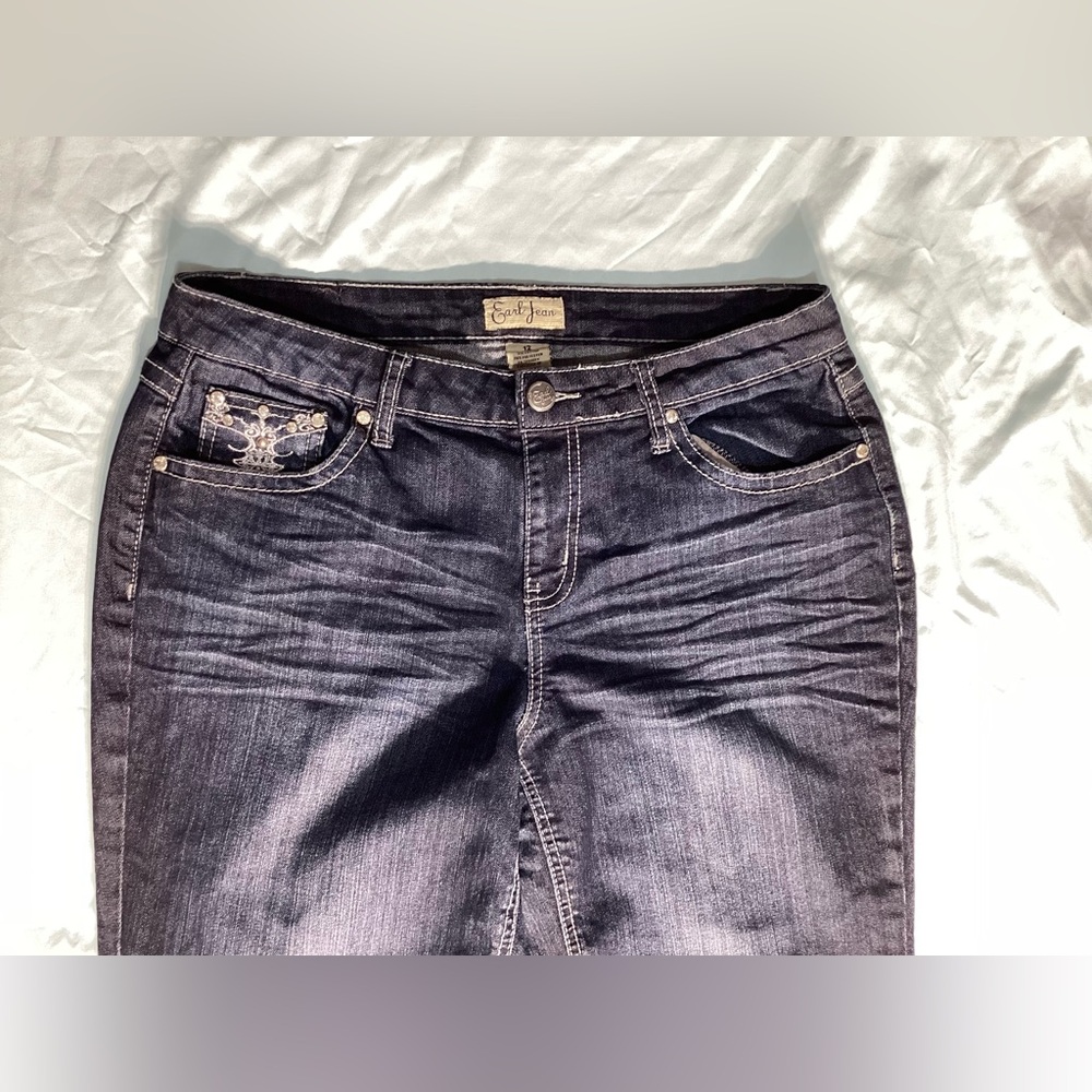 Earl Jean Rhinestone Straight Leg Mid Rise Dark Wash Jeans Size 12 - Picture 2 of 10